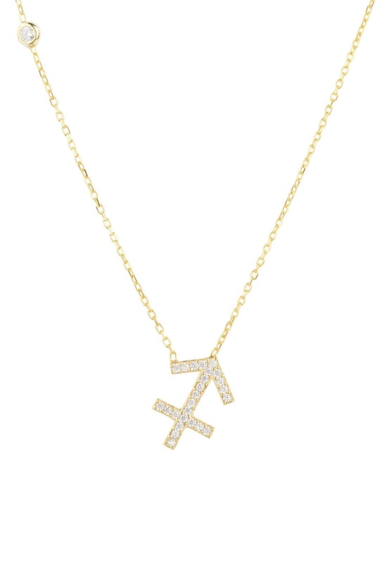 Made of 925 sterling silver, dipped in 22ct gold. This necklace is hand set with multifaceted white zircons.Sagittarius celebrate birthdays November 22 - December 21Finished with a lobster clasp, and size adjusterDimensions: Necklace can be worn 40cm chain length or 45cm chain length using adjuster. Motif 1.5cm x 1cmPackaging:This item is presented in a Latelita London signature packagingCare Instructions:To maintain your jewellery, wipe gently with a damp cloth that is soft and clean. Do not soak in water. Avoid contact with soaps, detergents, perfume or hair spray.