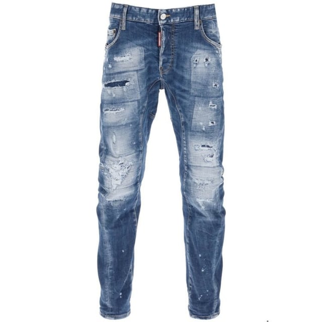 Tidy Biker Jean Style,  Stretch Denim 93% Cotton, 4% polyester, 3% Elastane,  Button Fly, Skinny Fit With A Tapered Leg, Ripped Design, Paint Splash Detail, Destroyed Reinforced Denim, Blue Jeans