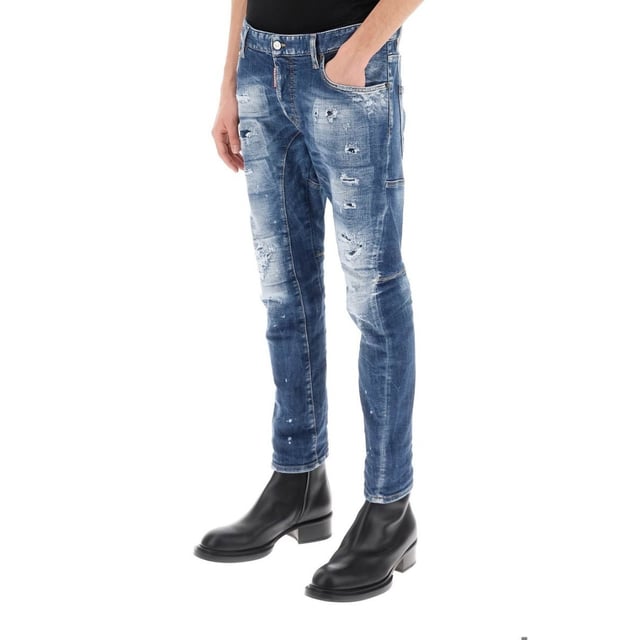 Tidy Biker Jean Style,  Stretch Denim 93% Cotton, 4% polyester, 3% Elastane,  Button Fly, Skinny Fit With A Tapered Leg, Ripped Design, Paint Splash Detail, Destroyed Reinforced Denim, Blue Jeans