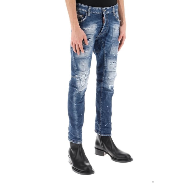 Tidy Biker Jean Style,  Stretch Denim 93% Cotton, 4% polyester, 3% Elastane,  Button Fly, Skinny Fit With A Tapered Leg, Ripped Design, Paint Splash Detail, Destroyed Reinforced Denim, Blue Jeans