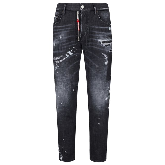 Skater Jean, Button Closure, Made In Romania, 98% Cotton, 2% Elastane, Dark Denim, Black Denim,  Slim Fit With A Tapered Leg, Paint Splatter Design, Skater jeans in a Black Wash