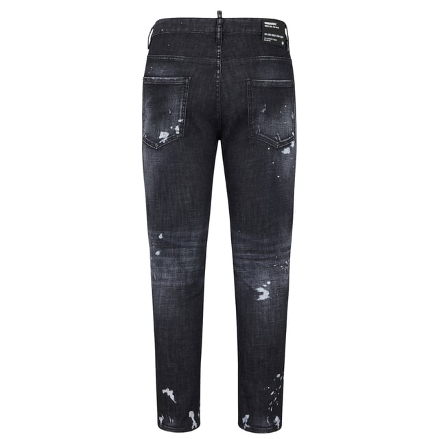 Skater Jean, Button Closure, Made In Romania, 98% Cotton, 2% Elastane, Dark Denim, Black Denim,  Slim Fit With A Tapered Leg, Paint Splatter Design, Skater jeans in a Black Wash