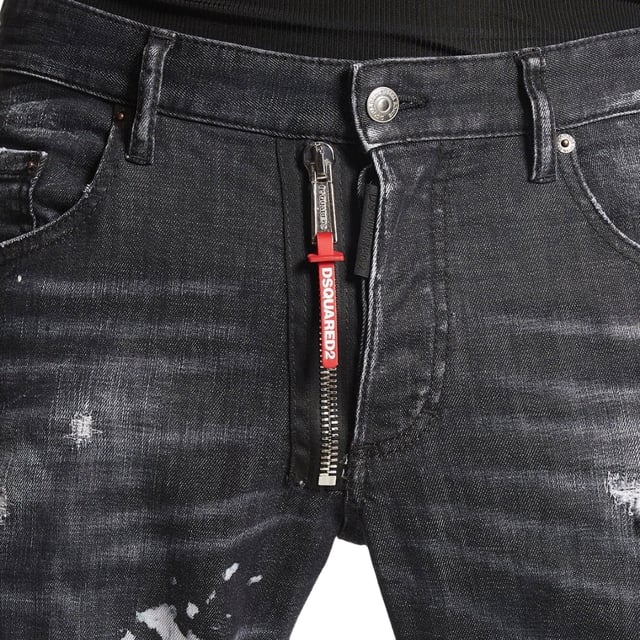 Skater Jean, Button Closure, Made In Romania, 98% Cotton, 2% Elastane, Dark Denim, Black Denim,  Slim Fit With A Tapered Leg, Paint Splatter Design, Skater jeans in a Black Wash