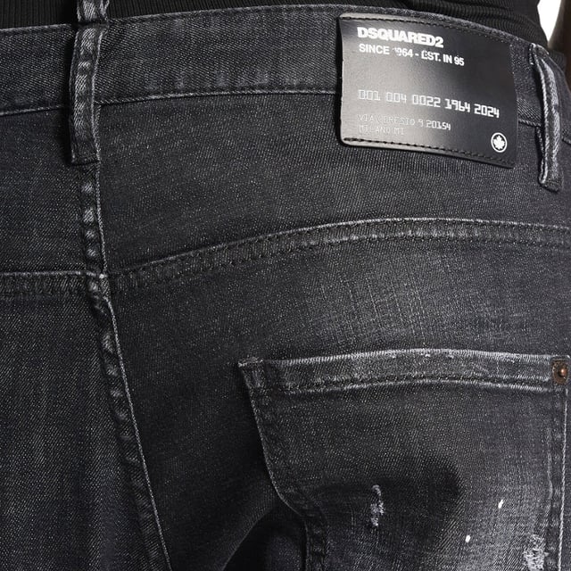Skater Jean, Button Closure, Made In Romania, 98% Cotton, 2% Elastane, Dark Denim, Black Denim,  Slim Fit With A Tapered Leg, Paint Splatter Design, Skater jeans in a Black Wash