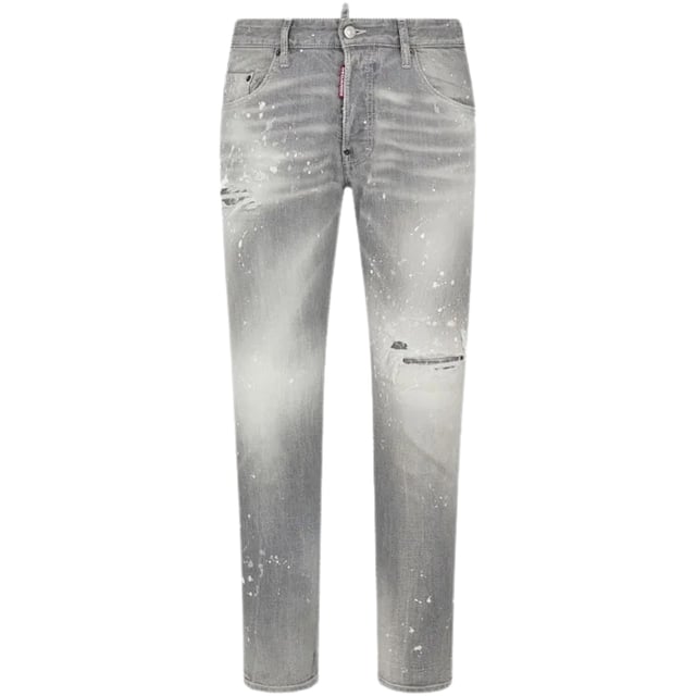 Skater Jean, Button Closure, Made In Italy, 98% Cotton, 2% Elastane, Grey Denim, Light Grey Denim Jacket,  Slim Fit With A Tapered Leg, Paint Splatter Design, Skater jeans in a Grey Wash