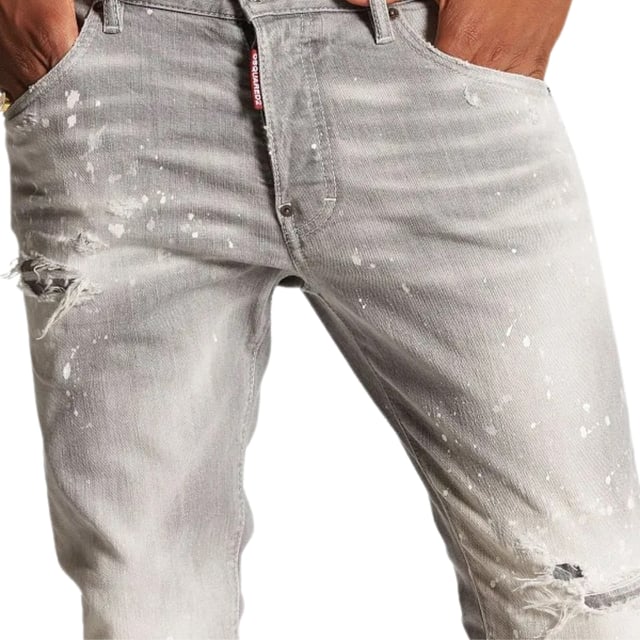Skater Jean, Button Closure, Made In Italy, 98% Cotton, 2% Elastane, Grey Denim, Light Grey Denim Jacket,  Slim Fit With A Tapered Leg, Paint Splatter Design, Skater jeans in a Grey Wash