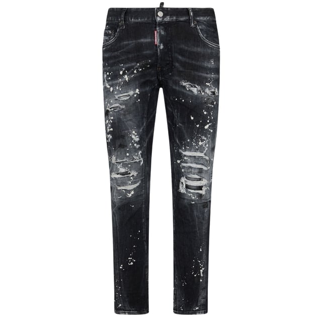 Tidy Biker Jean Style,  Stretch Denim 92% Cotton, 8% Elastane,  Button Fly, Skinny Fit With A Tapered Leg, Ripped Design, Paint Splash Detail, Destroyed Reinforced Denim, Made in Italy, Black Jeans