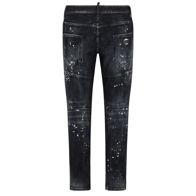 Tidy Biker Jean Style,  Stretch Denim 92% Cotton, 8% Elastane,  Button Fly, Skinny Fit With A Tapered Leg, Ripped Design, Paint Splash Detail, Destroyed Reinforced Denim, Made in Italy, Black Jeans