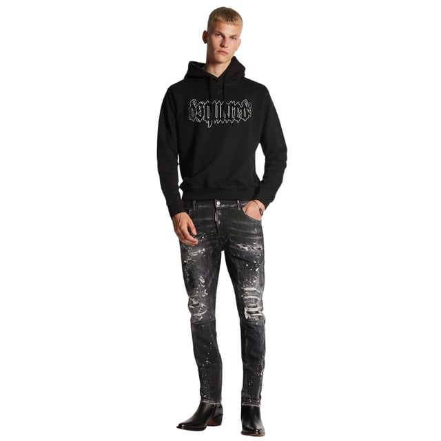 Tidy Biker Jean Style,  Stretch Denim 92% Cotton, 8% Elastane,  Button Fly, Skinny Fit With A Tapered Leg, Ripped Design, Paint Splash Detail, Destroyed Reinforced Denim, Made in Italy, Black Jeans