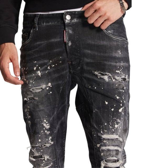 Tidy Biker Jean Style,  Stretch Denim 92% Cotton, 8% Elastane,  Button Fly, Skinny Fit With A Tapered Leg, Ripped Design, Paint Splash Detail, Destroyed Reinforced Denim, Made in Italy, Black Jeans