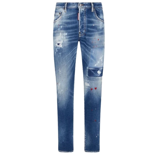 Vaqueros skater, denim elástico 99 % algodón, 1 % elastano, bragueta de botones, corte entallado con pernera cónica, jeans skater con lavado azul, hechos en Italia