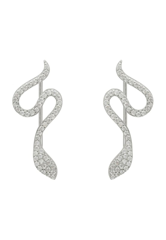 Add a little drama to your look with the Nagini Snake Ear Climbers! We know that jewellery can transform your look, and this ear climber will do just that. Not only is it light as a feather at 3.6 grams so you won't even feel it, it's handcrafted with 925 sterling silver and set with sparkling zirconia for subtle shimmer and a stunning appeal. It easily secures against your earlobe with the hook fastening, which creates an illusion of having two snakes crawling up the edges of your ears!Jewellery featuring snakes has long been a popular choice. In ancient Greek mythology, for example, the snake was associated with wisdom and healing. In Hinduism, it's an important symbol of fertility and creation. Today, snakes can be seen as a representation of transformation, rebirth, and regeneration. They can serve as an empowering symbol of strength and courage.Plus, at 3cm in length and 1.3cm in width, this is sure to make a statement without looking too over-the-top. So if you're daring enough, go ahead and try out this sssshimmery snake ear climber!