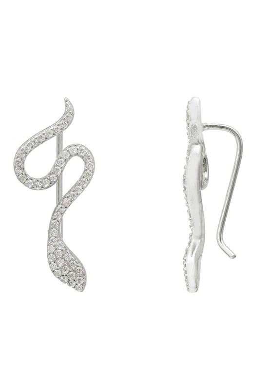Add a little drama to your look with the Nagini Snake Ear Climbers! We know that jewellery can transform your look, and this ear climber will do just that. Not only is it light as a feather at 3.6 grams so you won't even feel it, it's handcrafted with 925 sterling silver and set with sparkling zirconia for subtle shimmer and a stunning appeal. It easily secures against your earlobe with the hook fastening, which creates an illusion of having two snakes crawling up the edges of your ears!Jewellery featuring snakes has long been a popular choice. In ancient Greek mythology, for example, the snake was associated with wisdom and healing. In Hinduism, it's an important symbol of fertility and creation. Today, snakes can be seen as a representation of transformation, rebirth, and regeneration. They can serve as an empowering symbol of strength and courage.Plus, at 3cm in length and 1.3cm in width, this is sure to make a statement without looking too over-the-top. So if you're daring enough, go ahead and try out this sssshimmery snake ear climber!