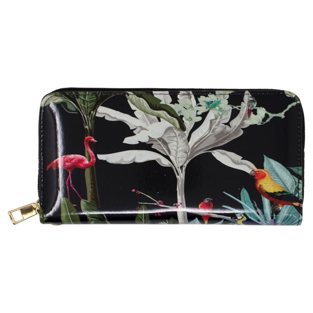 Adorned with a glossy tropical print, this purse offers a stylish and unique touch to your everyday look. with multiple compartments for cards, coins. This purse will be a talking statement piece
Colour: Black.
Water Resistant.
Vinyl PU/Polyester.
L x W x D = 19cm x 10cm x 2.5cm.
SKU: HB346202.