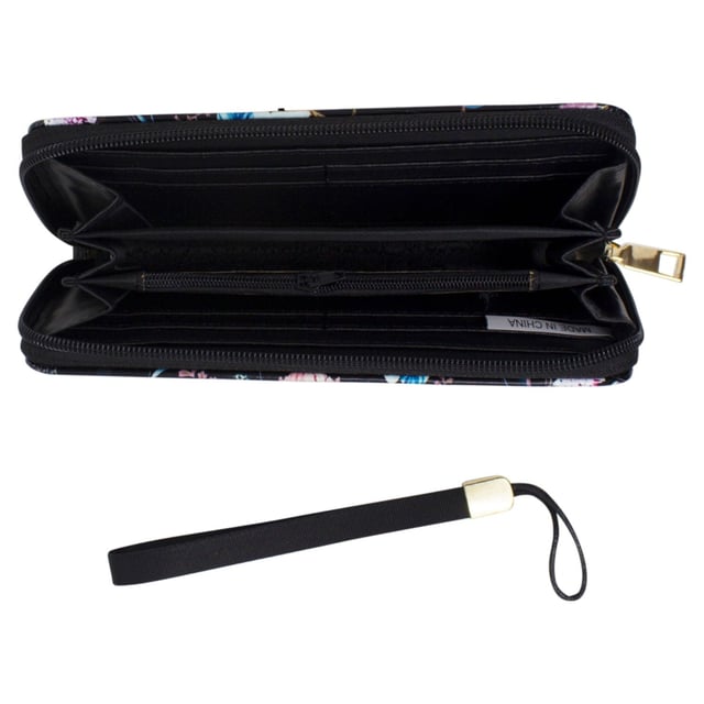 Adorned with a glossy tropical print, this purse offers a stylish and unique touch to your everyday look. with multiple compartments for cards, coins. This purse will be a talking statement piece
Colour: Black.
Water Resistant.
Vinyl PU/Polyester.
L x W x D = 19cm x 10cm x 2.5cm.
SKU: HB346202.