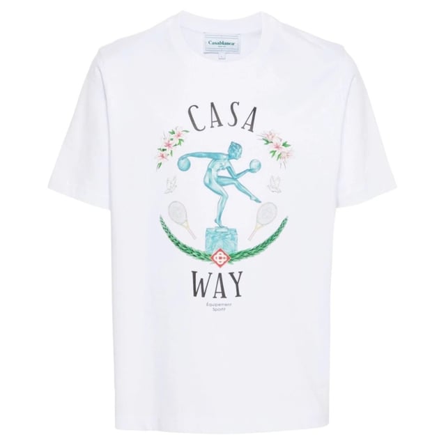 Short Sleeved White T-Shirt, Casablanca Statue En Marbe Design, Crew Neck Tee, Regular Fit, Fits True To Size, 100% Cotton, White Tee, Casual Wear