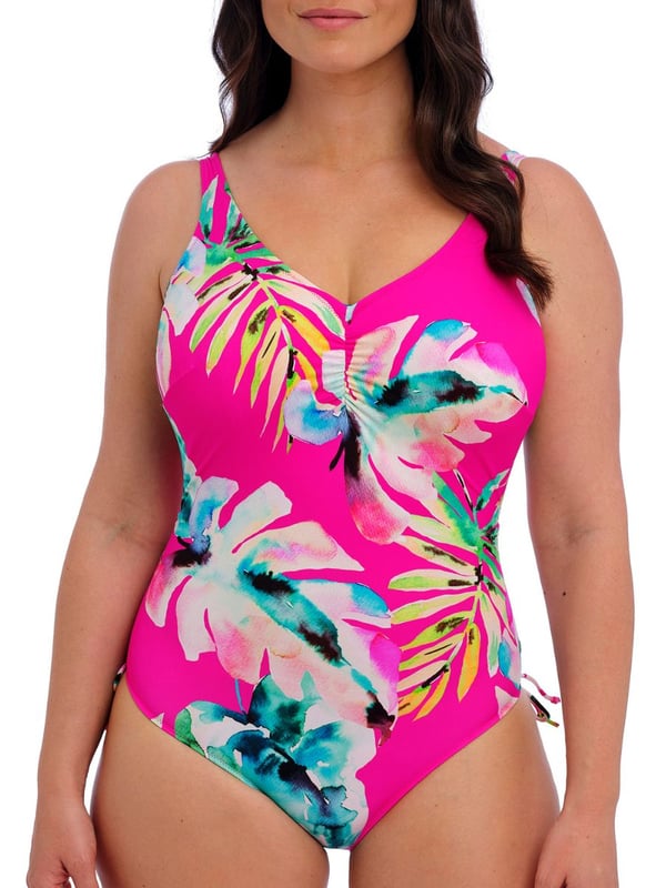 Fantasie Carabelita V-Neck Swimsuit. Underwired one piece swimsuit with a V-neckline, low scoop back and adjustable tie sides that offer a variation of leg coverage. Product is hand wash only.