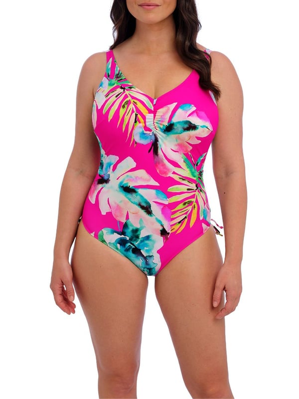 Fantasie Carabelita V-Neck Swimsuit. Underwired one piece swimsuit with a V-neckline, low scoop back and adjustable tie sides that offer a variation of leg coverage. Product is hand wash only.