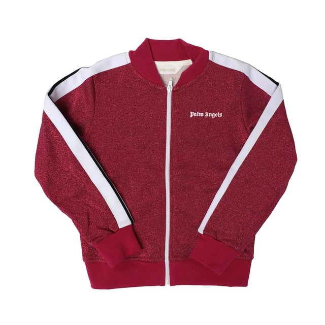 Girl's Palm Angels Juniors Logo Lurex Bomber Track Jacket in Pink white Juniors Palm Angels Logo Lurex Bomber Track Jacket in pink white.- Bomber collar.- Full zip fastening.- Side pockets.- Ribbed cuffs and hem.- Palm Angels logo printed at front.- White knitted bands with black stripe sewn on shoulder sleeves.- Regular fit.- 100% Cotton.- Ref: PGBD0020013201
