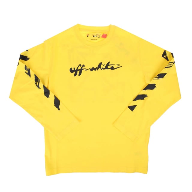 Juniors Off White Script Long Sleeve T-Shirt in yellow - black.- Ribbed crew neck.- Long sleeves with black diagonal graphics.- Black arrow graphic on reverse.- Off-White script logo at chest.- Main material: 100% Cotton.  Rib: 100% Cotton.  Machine washable.- Ref: OBAB0010041810