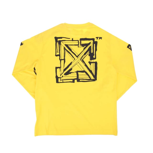 Juniors Off White Script Long Sleeve T-Shirt in yellow - black.- Ribbed crew neck.- Long sleeves with black diagonal graphics.- Black arrow graphic on reverse.- Off-White script logo at chest.- Main material: 100% Cotton.  Rib: 100% Cotton.  Machine washable.- Ref: OBAB0010041810