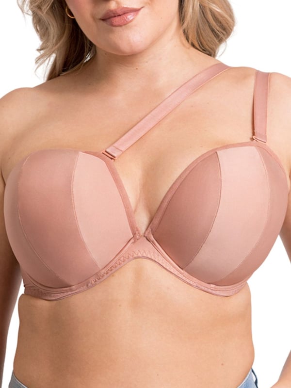 Curvy Kate Superhero Plunge Multiway Bra. Multiway bra with a low plunge, foam lined padded cups, swan hook back band with an adjustable slider, multiway straps that can be positioned in mumerous ways due to the eyeletted top cup and a low back extender to lower the band by 1-2 inches. The product is recommended for hand wash only.