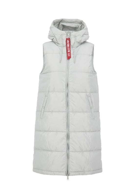 Long Puffer Vest Women This is the Alpha Industries Long Puffer Vest for women. This vest features an adjustable hood and a practical inner pocket, and is padded for extra insulation. The regular fit provides exceptional comfort throughout the day.