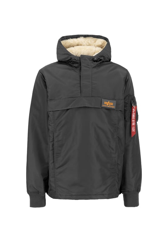 The HPO Anorak from Alpha Industries protects against wind and rain with its durable, water-repellent material and hood. A half-zipper allows for ventilation, and the side opening makes it easy to put on and take off. The regular fit offers freedom of movement. A spacious front pocket provides storage, while the utility pocket with Remove Before Flight tag adds an authentic touch. Ribbed cuffs protect against the cold, and the Alpha velcro patch makes a bold statement.