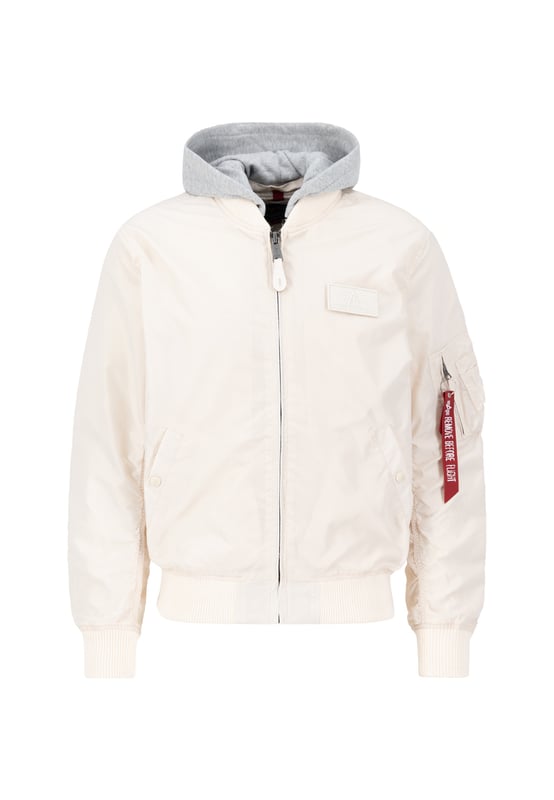 MA-1 TT Two Tone Hood Bomber Jacket The MA-1 TT Two Tone Hood Bomber Jacket combines style and functionality in a lightweight jacket. TT Nylon ensures comfort, while the slim-fit design offers a modern silhouette. The detachable hood, made of cotton and polyester, provides versatile styling options. Two exterior pockets, two interior pockets, and a utility pocket with an RBF Tag offer storage space. Ribbed cuffs and stylish accents such as the leather tab and the Alpha Logo Velcro Patch make it a versatile must-have.