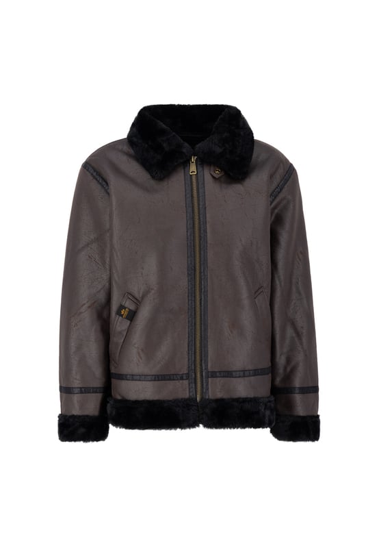 The B-3 Faux Leather Bomber Jacket from Alpha Industries combines classic pilot style with modern materials. Durable faux leather and faux fur trim provide a premium look and warmth. The regular fit with adjustable sleeve width ensures comfort. Two outer pockets offer storage space. The woven Alpha label completes the design. This jacket is easy to style and blends comfort with timeless appeal. Ideal for cold days.