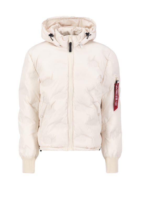 This is the Hooded Logo Puffer winter jacket from Alpha Industries. The quilted design and embossed logo give this jacket a stylish look, while the detachable and adjustable hood provides extra warmth and protection against wind and water.