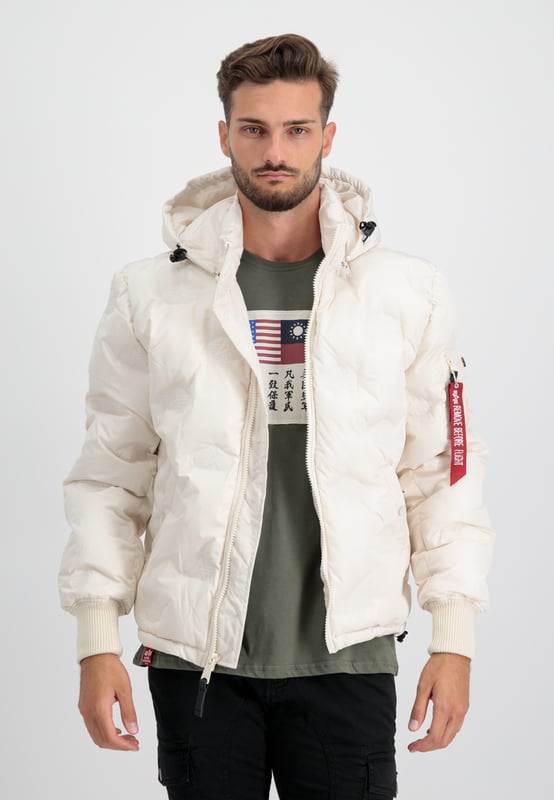 This is the Hooded Logo Puffer winter jacket from Alpha Industries. The quilted design and embossed logo give this jacket a stylish look, while the detachable and adjustable hood provides extra warmth and protection against wind and water.