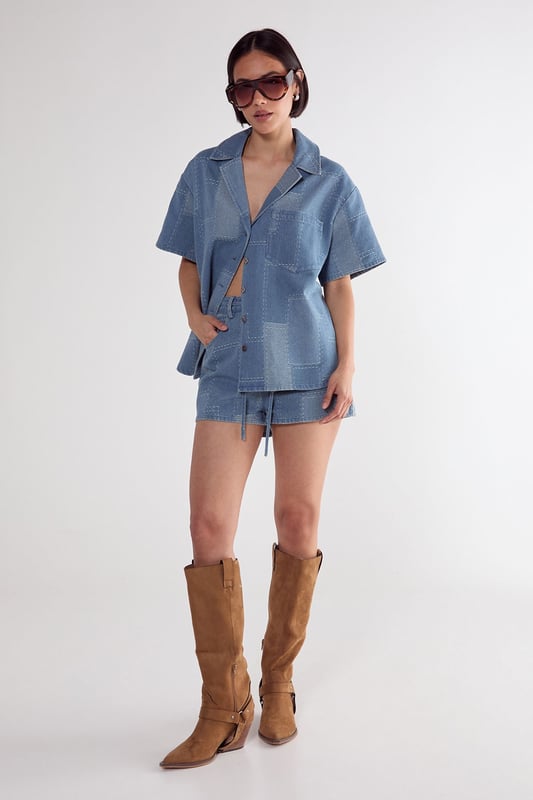 Denim Patchwork Contrast Stitch Resort Shirt