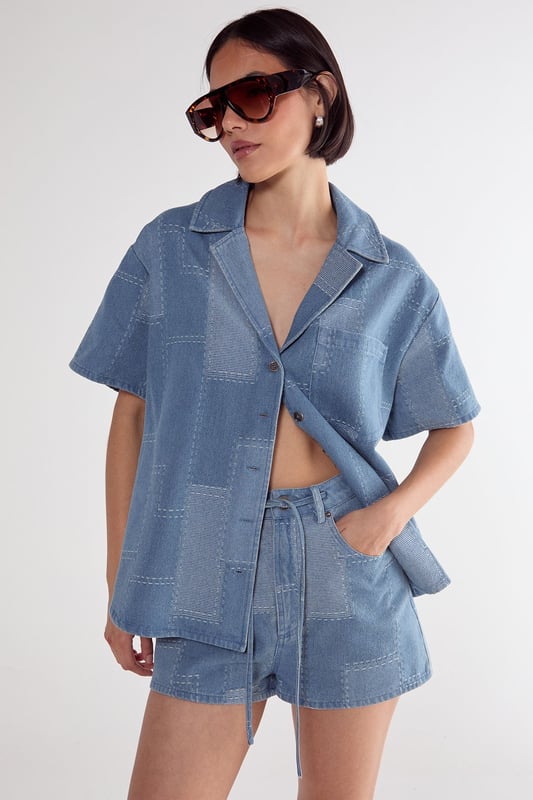 Denim Patchwork Contrast Stitch Resort Shirt