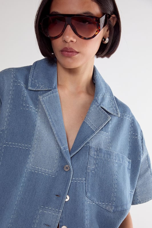 Denim Patchwork Contrast Stitch Resort Shirt