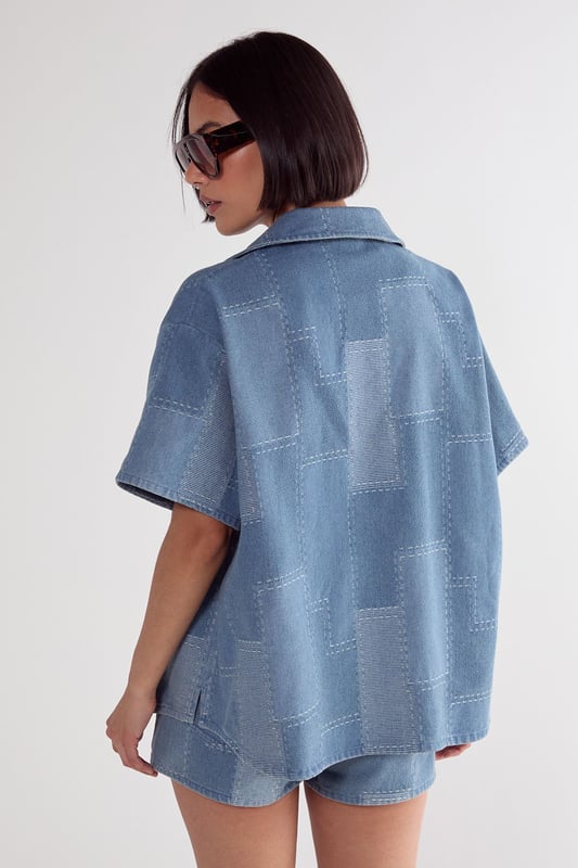Denim Patchwork Contrast Stitch Resort Shirt