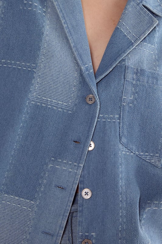 Denim Patchwork Contrast Stitch Resort Shirt