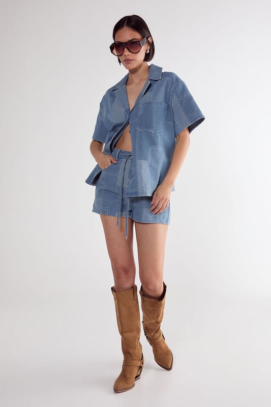 Denim Patchwork Contrast Stitch Tie Waist Shorts