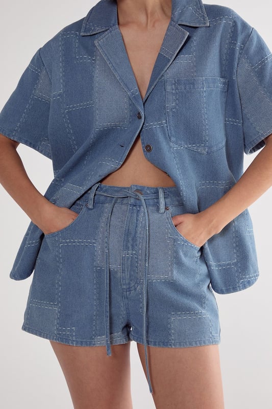 Denim Patchwork Contrast Stitch Tie Waist Shorts