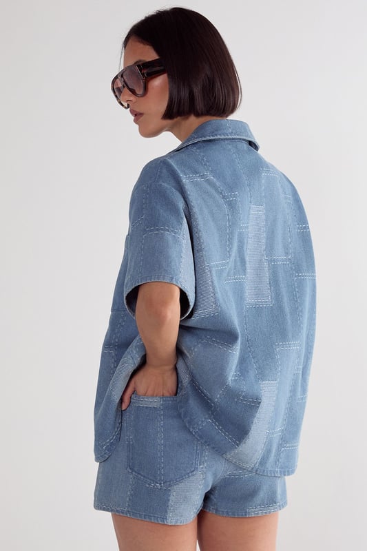 Denim Patchwork Contrast Stitch Tie Waist Shorts