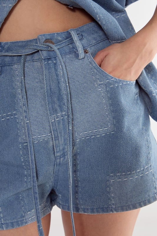 Denim Patchwork Contrast Stitch Tie Waist Shorts
