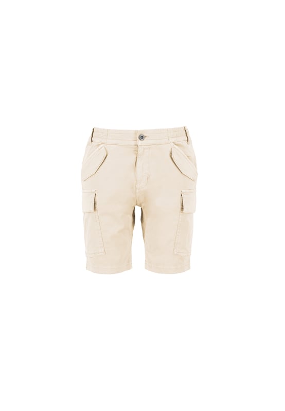 The Airman Short is a versatile and stylish garment. It is crafted from a cotton twill blend with a touch of elastane for stretch, featuring a slim fit and cargo pockets for a practical touch. The small Alpha Industries logo on the side pocket adds a subtle branding detail.