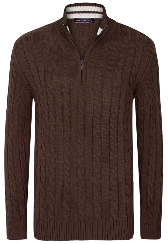 Felix Hardys Herren-Halbreißverschluss-Pullover mit Zopfmuster vereinen Eleganz und Komfort. Aus Baumwolle gefertigt, bieten sie ein natürliches und angenehmes Tragegefühl. Das klassische Zopfmuster-Design mit Halbreißverschluss verleiht diesen Pullovern einen zeitlosen und vielseitigen Look, während der hochwertige Stoff Weichheit und Haltbarkeit gewährleistet.Die Pullover bieten mehrere wichtige Eigenschaften und Vorteile. Hergestellt aus hochwertigen Materialien, garantieren sie Weichheit und Widerstandsfähigkeit. Das klassische Zopfmuster mit Halbreißverschluss betont ihre zeitlose Anziehungskraft und macht sie für verschiedene Anlässe geeignet, dank ihres schlichten und eleganten Stils. Komfort steht im Vordergrund, mit einer flexiblen Struktur und einer bequemen Passform, die ideal für ganztägiges Tragen ist.Die Pullover lassen sich mühelos mit Jeans, Hosen oder Chinos kombinieren und sind in verschiedenen Farben erhältlich, um den persönlichen Stilvorlieben gerecht zu werden. Saisonale Vielseitigkeit macht sie passend für Frühling, Herbst und kühlere Sommertage. Stil-Tipps umfassen lässig-schicke Optionen wie die Kombination mit Jeans und Stiefeln oder elegante Abendlooks mit maßgeschneiderten Hosen und eleganten Schuhen. In kälteren Wetterlagen können Sie sie mit einer Jacke oder einem Mantel für zusätzliche Wärme und Stil kombinieren.Pflegehinweise empfehlen Handwäsche oder Maschinenwäsche in kaltem Wasser, Bügeln bei niedriger Hitze und Vermeidung von Bleichmitteln oder chemischer Reinigung. Mit sorgfältiger Aufmerksamkeit für Details und Verwendung hochwertiger Materialien sind Felix Hardys Herren-Halbreißverschluss-Pullover mit Zopfmuster darauf ausgelegt, sowohl Stil als auch Komfort zu bieten und sie zu einem vielseitigen Kleiderschrank-Essential für jede Jahreszeit zu machen.