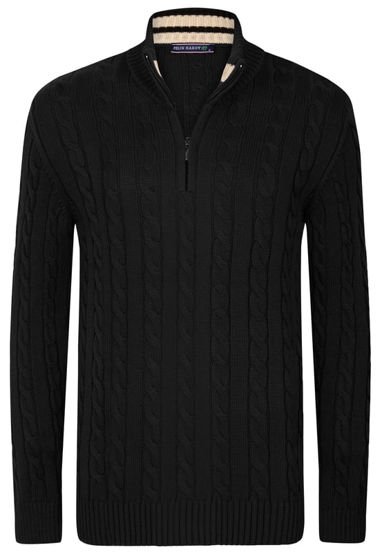 Felix Hardys Herren-Halbreißverschluss-Pullover mit Zopfmuster vereinen Eleganz und Komfort. Aus Baumwolle gefertigt, bieten sie ein natürliches und angenehmes Tragegefühl. Das klassische Zopfmuster-Design mit Halbreißverschluss verleiht diesen Pullovern einen zeitlosen und vielseitigen Look, während der hochwertige Stoff Weichheit und Haltbarkeit gewährleistet.Die Pullover bieten mehrere wichtige Eigenschaften und Vorteile. Hergestellt aus hochwertigen Materialien, garantieren sie Weichheit und Widerstandsfähigkeit. Das klassische Zopfmuster mit Halbreißverschluss betont ihre zeitlose Anziehungskraft und macht sie für verschiedene Anlässe geeignet, dank ihres schlichten und eleganten Stils. Komfort steht im Vordergrund, mit einer flexiblen Struktur und einer bequemen Passform, die ideal für ganztägiges Tragen ist.Die Pullover lassen sich mühelos mit Jeans, Hosen oder Chinos kombinieren und sind in verschiedenen Farben erhältlich, um den persönlichen Stilvorlieben gerecht zu werden. Saisonale Vielseitigkeit macht sie passend für Frühling, Herbst und kühlere Sommertage. Stil-Tipps umfassen lässig-schicke Optionen wie die Kombination mit Jeans und Stiefeln oder elegante Abendlooks mit maßgeschneiderten Hosen und eleganten Schuhen. In kälteren Wetterlagen können Sie sie mit einer Jacke oder einem Mantel für zusätzliche Wärme und Stil kombinieren.Pflegehinweise empfehlen Handwäsche oder Maschinenwäsche in kaltem Wasser, Bügeln bei niedriger Hitze und Vermeidung von Bleichmitteln oder chemischer Reinigung. Mit sorgfältiger Aufmerksamkeit für Details und Verwendung hochwertiger Materialien sind Felix Hardys Herren-Halbreißverschluss-Pullover mit Zopfmuster darauf ausgelegt, sowohl Stil als auch Komfort zu bieten und sie zu einem vielseitigen Kleiderschrank-Essential für jede Jahreszeit zu machen.