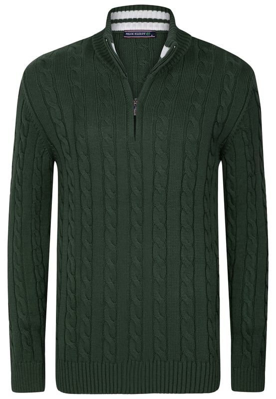 Felix Hardys Herren-Halbreißverschluss-Pullover mit Zopfmuster vereinen Eleganz und Komfort. Aus Baumwolle gefertigt, bieten sie ein natürliches und angenehmes Tragegefühl. Das klassische Zopfmuster-Design mit Halbreißverschluss verleiht diesen Pullovern einen zeitlosen und vielseitigen Look, während der hochwertige Stoff Weichheit und Haltbarkeit gewährleistet.Die Pullover bieten mehrere wichtige Eigenschaften und Vorteile. Hergestellt aus hochwertigen Materialien, garantieren sie Weichheit und Widerstandsfähigkeit. Das klassische Zopfmuster mit Halbreißverschluss betont ihre zeitlose Anziehungskraft und macht sie für verschiedene Anlässe geeignet, dank ihres schlichten und eleganten Stils. Komfort steht im Vordergrund, mit einer flexiblen Struktur und einer bequemen Passform, die ideal für ganztägiges Tragen ist.Die Pullover lassen sich mühelos mit Jeans, Hosen oder Chinos kombinieren und sind in verschiedenen Farben erhältlich, um den persönlichen Stilvorlieben gerecht zu werden. Saisonale Vielseitigkeit macht sie passend für Frühling, Herbst und kühlere Sommertage. Stil-Tipps umfassen lässig-schicke Optionen wie die Kombination mit Jeans und Stiefeln oder elegante Abendlooks mit maßgeschneiderten Hosen und eleganten Schuhen. In kälteren Wetterlagen können Sie sie mit einer Jacke oder einem Mantel für zusätzliche Wärme und Stil kombinieren.Pflegehinweise empfehlen Handwäsche oder Maschinenwäsche in kaltem Wasser, Bügeln bei niedriger Hitze und Vermeidung von Bleichmitteln oder chemischer Reinigung. Mit sorgfältiger Aufmerksamkeit für Details und Verwendung hochwertiger Materialien sind Felix Hardys Herren-Halbreißverschluss-Pullover mit Zopfmuster darauf ausgelegt, sowohl Stil als auch Komfort zu bieten und sie zu einem vielseitigen Kleiderschrank-Essential für jede Jahreszeit zu machen.