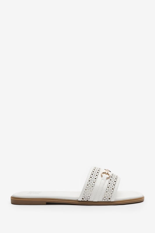 Wheres That From Womens 'Natalie' Sliders With Geometric Strap And Metal Detail Step into timeless elegance with these Natalie Sliders With Geometric Strap And Metal Detail. Designed with a chic metallic horse-bit buckle, they effortlessly blend sophistication and comfort. The perforated upper adds breathable style, while the slip-on design makes them ideal for effortless wear from day to night. Perfect for holidays, casual brunches, or a polished everyday look. Key Features: • Material: Faux leather upper with a cushioned insole for all-day comfort • Design: Perforated detailing with a stylish horse-bit buckle accent • Closure: Easy slip-on style for convenience