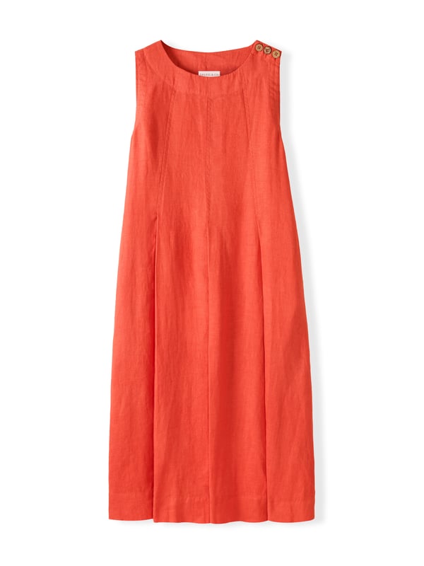 A relaxed midi dress with a round neckline, this piece has a flattering flared silhouette accented by soft pleat details. Finished with a unique coconut button shoulder opening, it’s a light, flowing option for everyday wear.