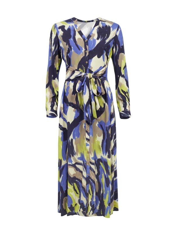 Made from a light and airy fabric that drapes beautifully, this button through midi dress has a full, flowing skirt. It can be tied at the front or back, and features a v-neckline with stand collar detailing, and long sleeves with cuff and button fastenings.100% Viscose.  Made in China.