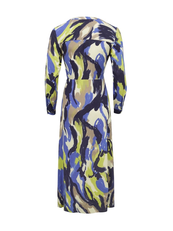 Made from a light and airy fabric that drapes beautifully, this button through midi dress has a full, flowing skirt. It can be tied at the front or back, and features a v-neckline with stand collar detailing, and long sleeves with cuff and button fastenings.100% Viscose.  Made in China.