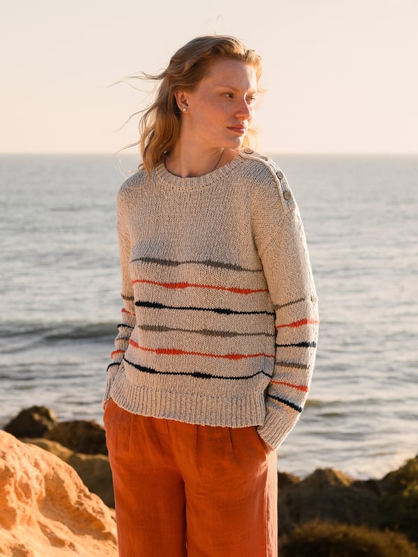 A new-season sweater to revive your layered looks, this Celtic & Co. take on the classic Breton jumper will fast become your favourite.Crafted in slub yarns with a chunky, uneven structure created through random drop stitches, it's trimmed with functioning buttons at the left shoulder for a little extra detail.